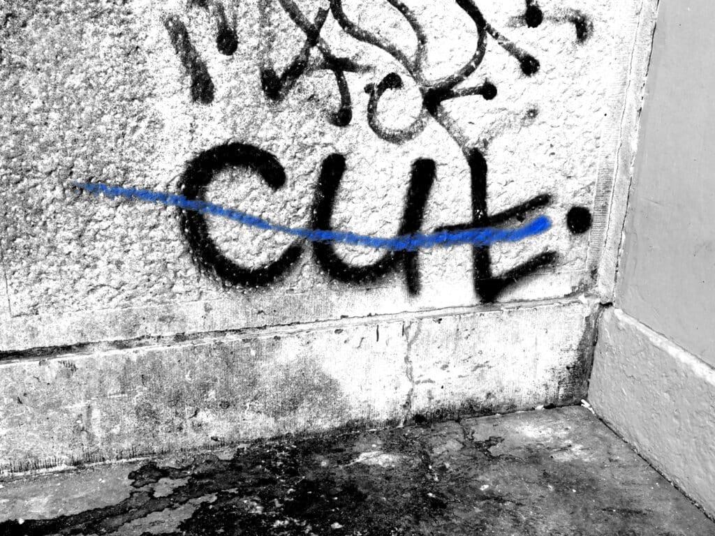 Cut. Graffiti op een muur bij een tekst over Marketing Due Diligence voor investeerders.